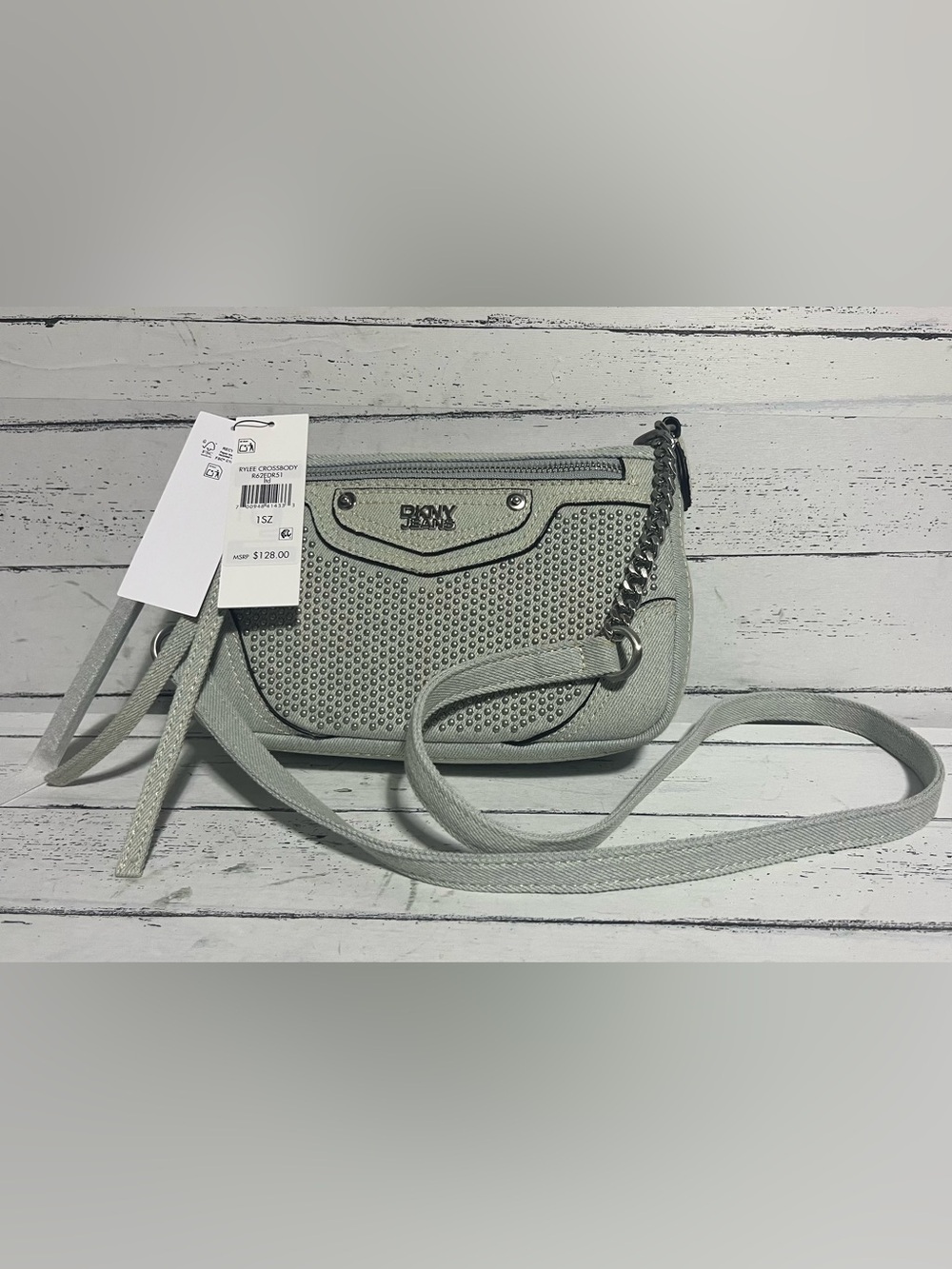 DKNY Rylee Crossbody Bag – Studded Denim – Light Blue – NWT